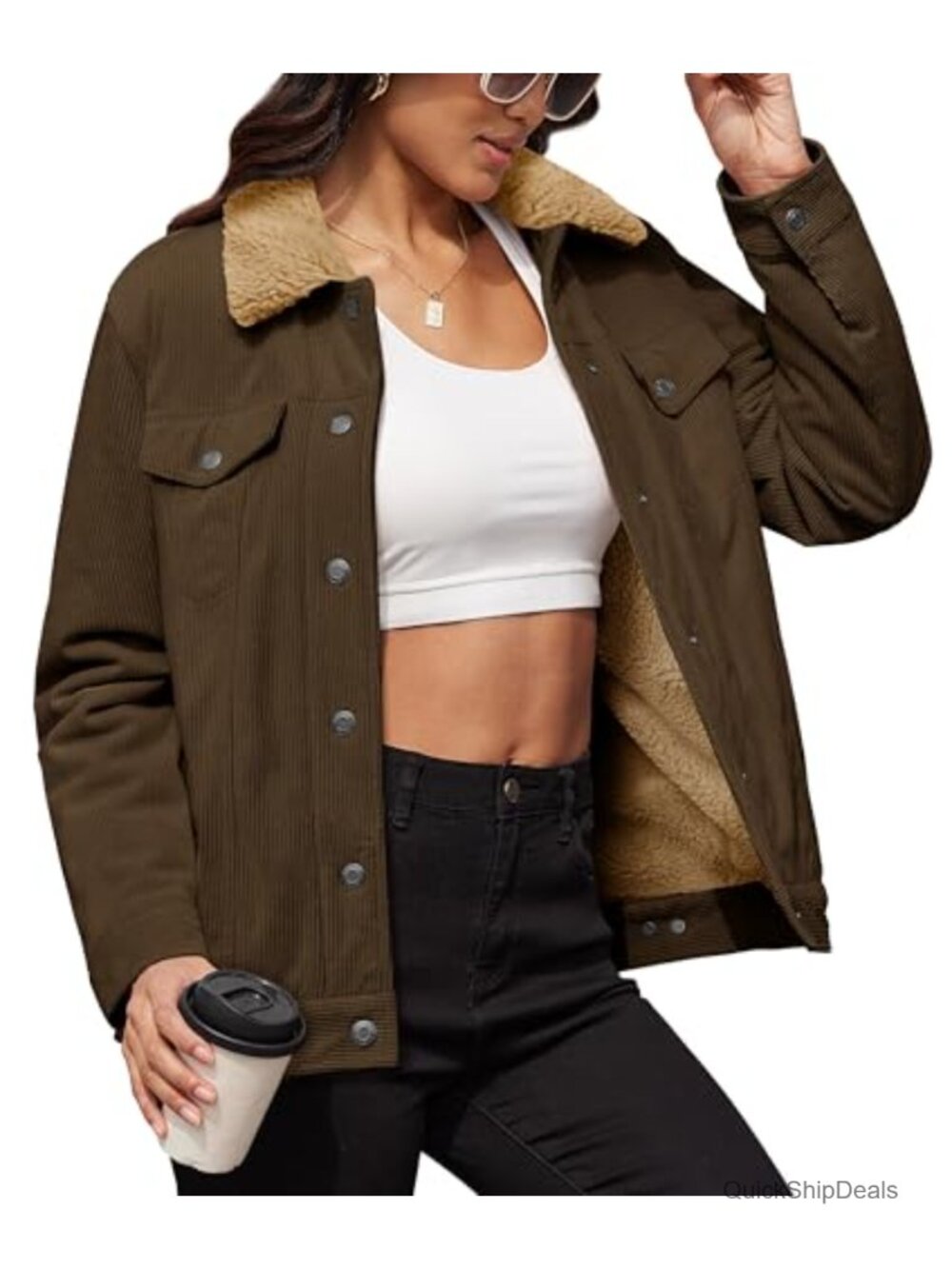 Women's Corduroy Sherpa Fleece Lined Winter Coat Warm Trucker Jacket
